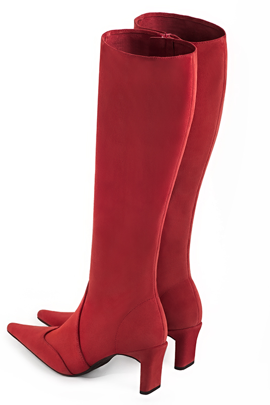 Bottes féminines élégantes et raffinées, réalisées sur mesure, coloris rouge coquelicot. Bout pointu. Mi-haut à haut. Talon virgule. Mollets fins ou larges. Personnalisation : Choix des cuirs, des couleurs et des talons. - Florence KOOIJMAN