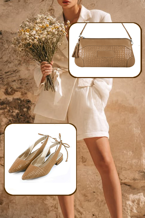 Escarpins habillés bride arrière cuir beige camel à talon évasé plat et bout pointu - Vue porté