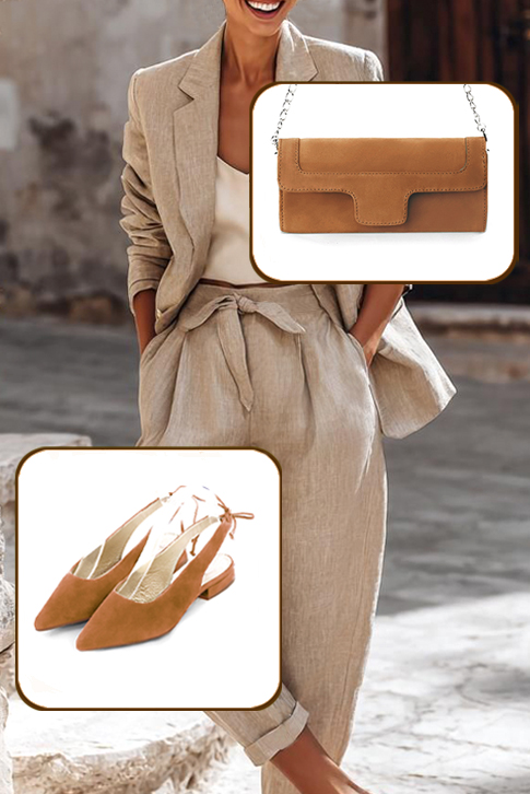 Escarpins habillés bride arrière cuir beige camel à talon évasé plat et bout pointu - Vue porté