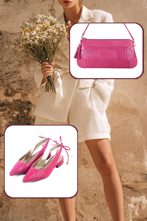 Escarpins habillés bride arrière cuir rose fuchsia à talon évasé plat et bout pointu - Vue porté