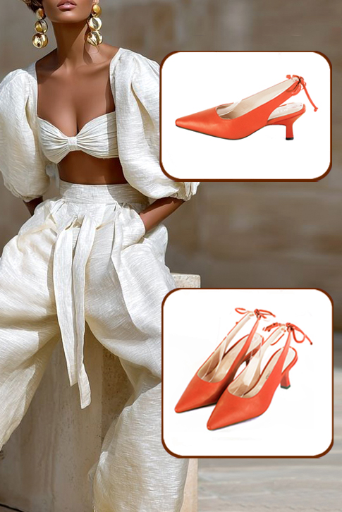 Escarpins habillés bride arrière cuir orange clémentine à talon bobine de 5.5 cm et bout pointu - Vue porté