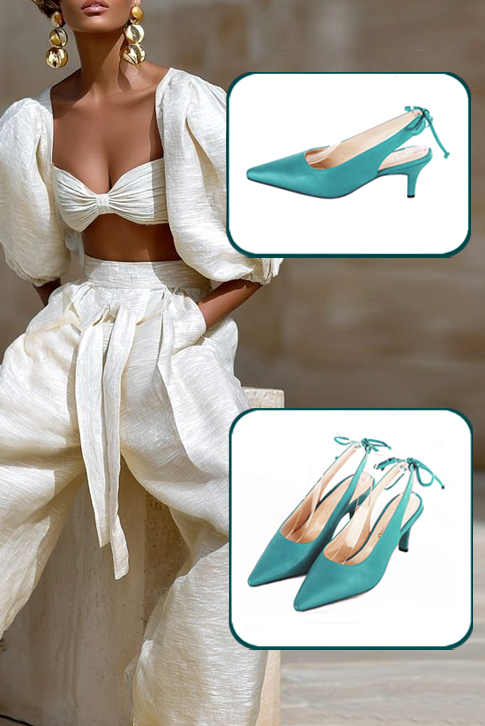 Escarpins habillés bride arrière cuir bleu turquoise à talon fin de 5.5 cm et bout pointu - Vue porté