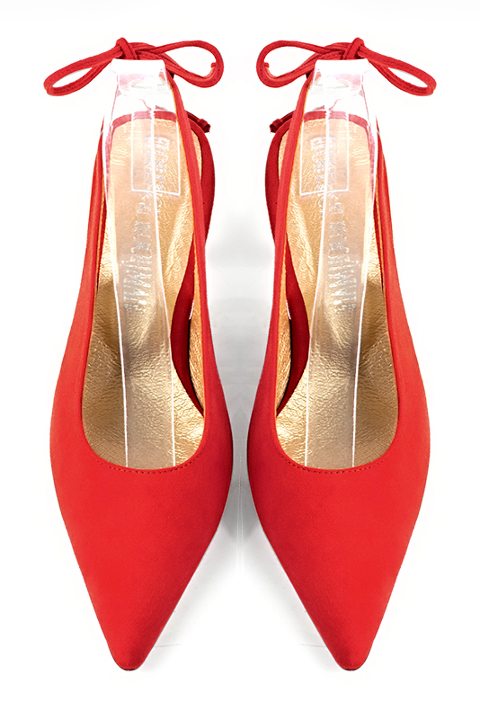 Chaussure femme à brides :  couleur rouge coquelicot. Bout pointu. Talon mi-haut bobine. Vue du dessus - Florence KOOIJMAN