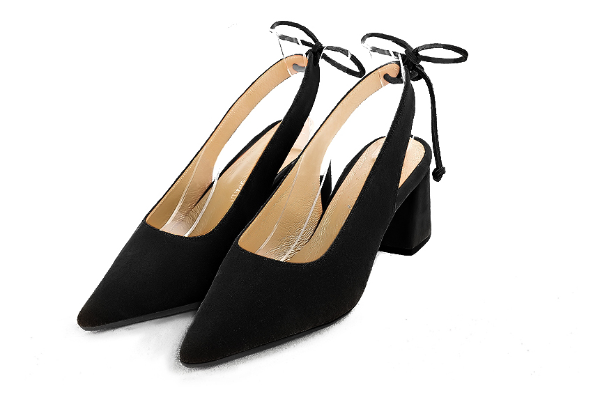 Escarpins habillés bride arrière cuir noir mat à talon évasé de 6 cm et bout pointu - Vue avant