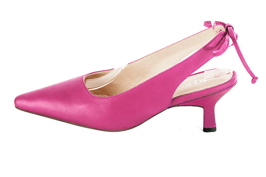Chaussure femme à brides :  couleur rose fuchsia. Bout pointu. Talon mi-haut bobine. Vue de profil - Florence KOOIJMAN