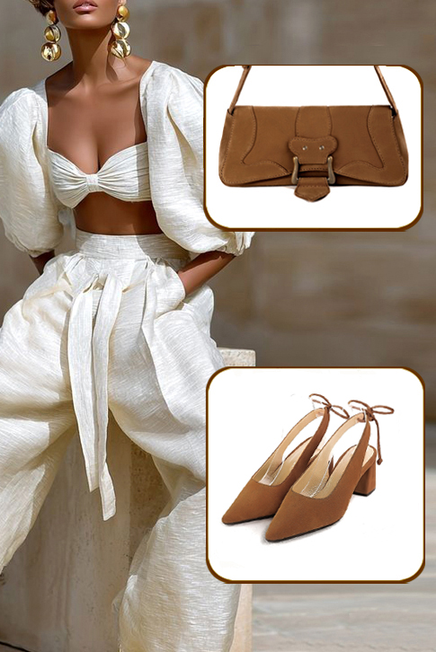 Escarpins habillés bride arrière cuir marron caramel à talon évasé de 6 cm et bout pointu - Vue porté