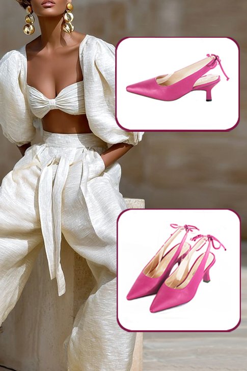 Escarpins habillés bride arrière cuir rose fuchsia à talon bobine de 5.5 cm et bout pointu - Vue porté