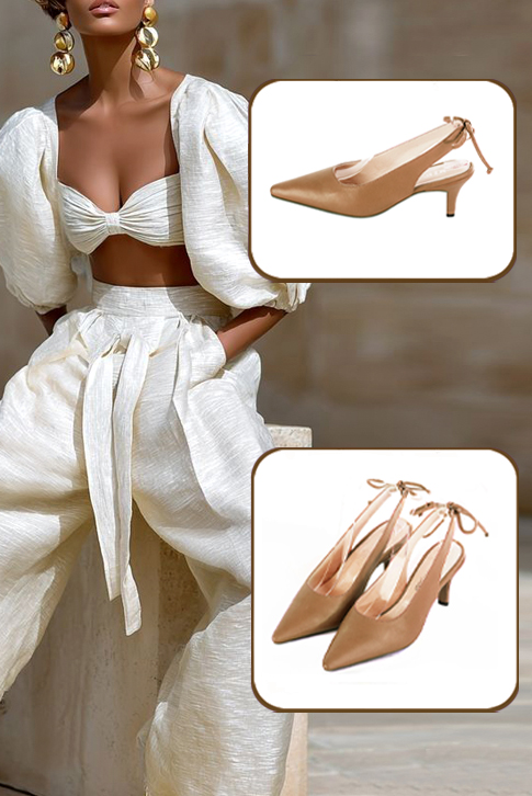 Escarpins habillés bride arrière cuir beige camel à talon fin de 5.5 cm et bout pointu - Vue porté