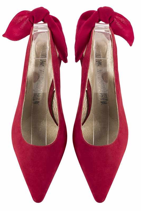 Chaussure femme à brides :  couleur rouge carmin. Bout pointu. Talon haut fin. Vue du dessus - Florence KOOIJMAN