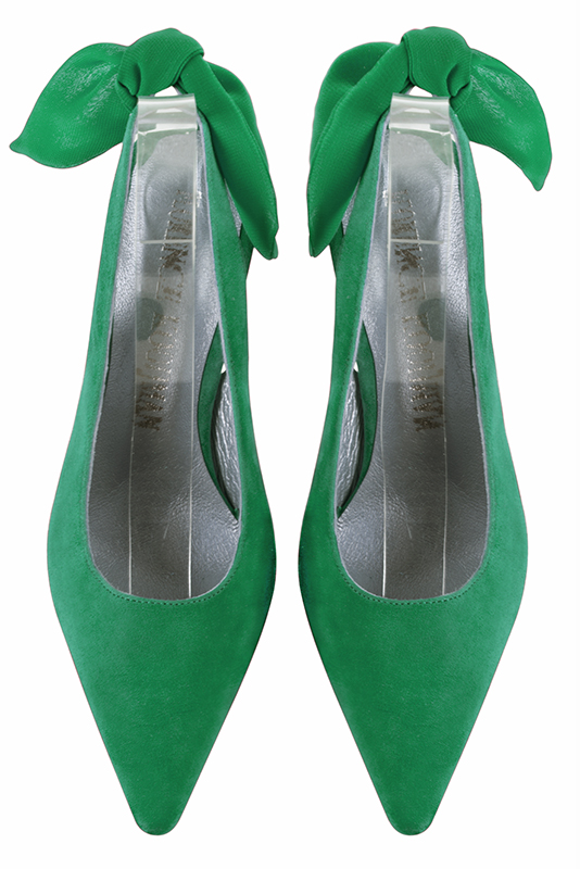 Chaussure femme à brides :  couleur vert émeraude. Bout pointu. Talon haut fin. Vue du dessus - Florence KOOIJMAN