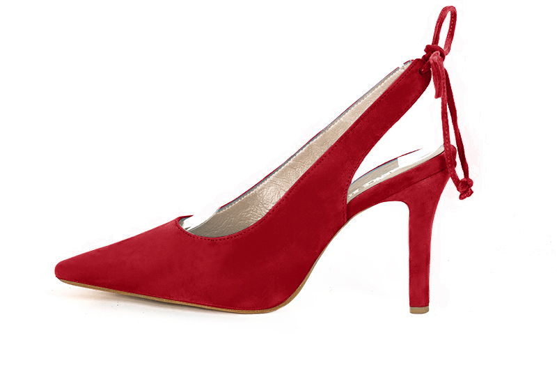 Chaussure femme à brides :  couleur rouge carmin. Bout pointu. Talon haut fin. Vue de profil - Florence KOOIJMAN