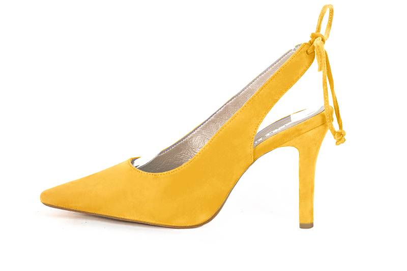 Chaussure femme à brides :  couleur jaune soleil. Bout pointu. Talon haut fin. Vue de profil - Florence KOOIJMAN