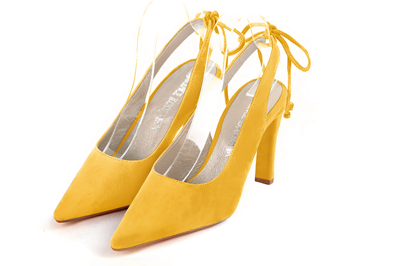 Chaussure femme à brides :  couleur jaune soleil. Bout pointu. Talon haut fin Vue avant - Florence KOOIJMAN