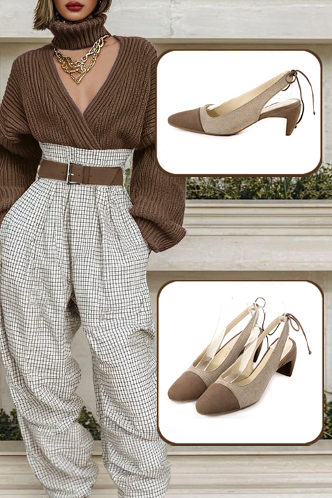Escarpins habillés bride arrière cuir marron chocolat et beige naturel à talon virgule de 5.5 cm et bout rond - Vue porté