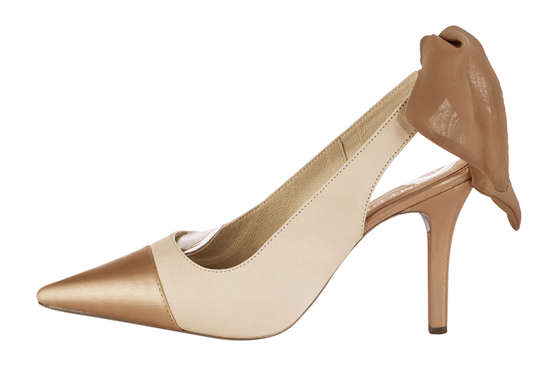 Chaussure femme à brides :  couleur marron caramel et blanc ivoire. Bout pointu. Talon haut fin. Vue de profil - Florence KOOIJMAN