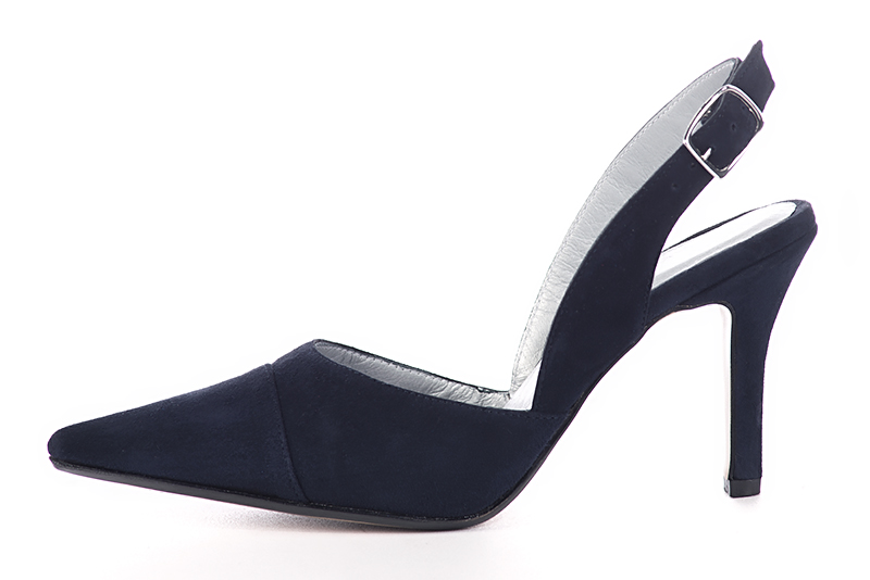 Chaussure femme à brides :  couleur bleu marine. Bout pointu. Talon haut fin. Vue de profil - Florence KOOIJMAN