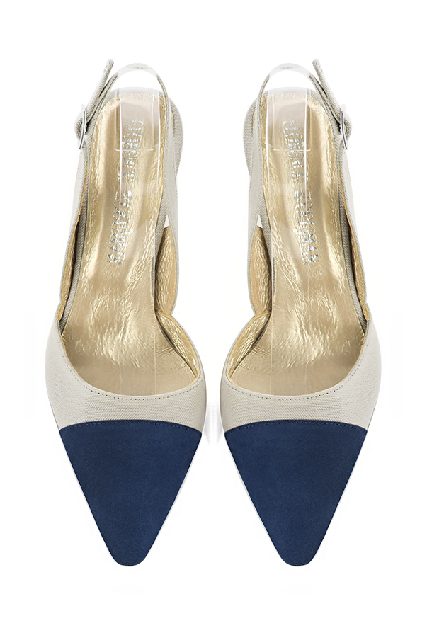 Escarpins habillés bride arrière cuir bleu marine et blanc cassé à talon fin de 7.5 cm et bout effilé - Vue du dessus
