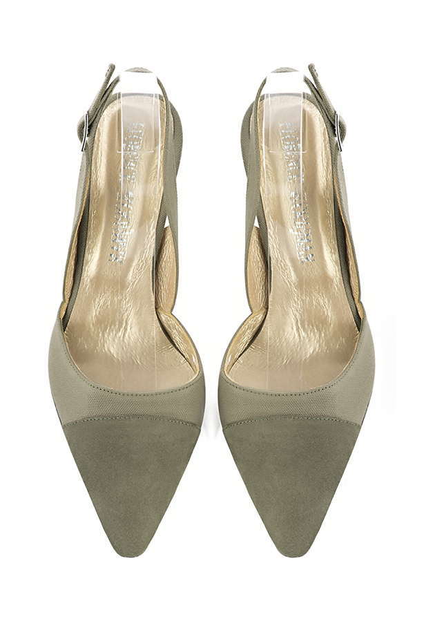 Escarpins habillés bride arrière cuir vert kaki à talon fin de 7.5 cm et bout effilé - Vue du dessus