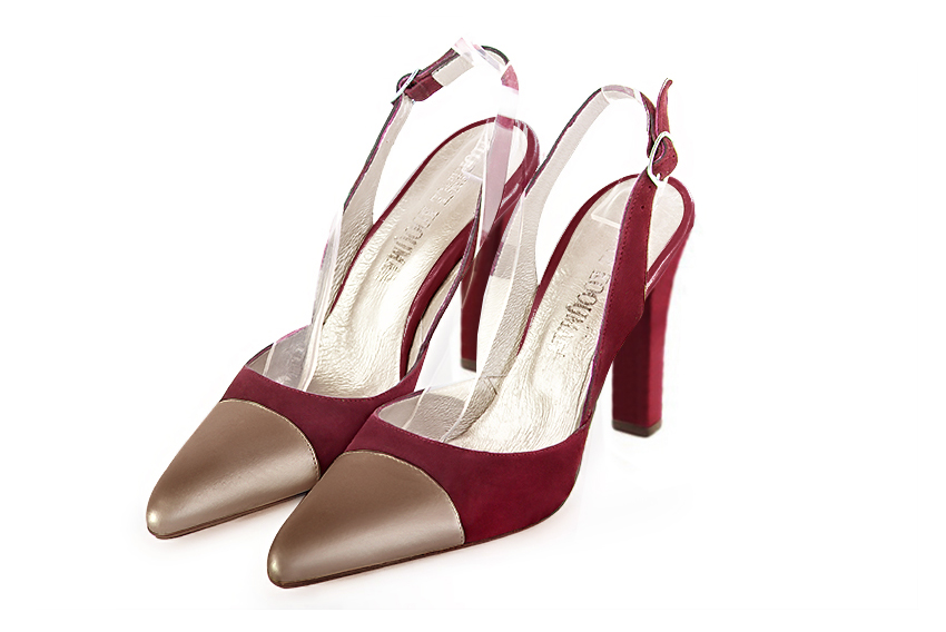 Escarpins bride arrière cuivre et rouge bordeaux. Bout effilé. Talon trotteur de 9.5 cm - Vue avant