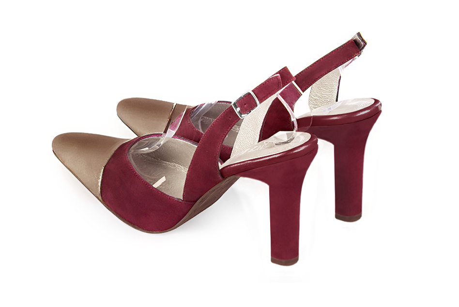 Escarpins habillés bride arrière cuir cuivre et rouge bordeaux à talon trotteur de 9.5 cm et bout effilé - Vue arrière