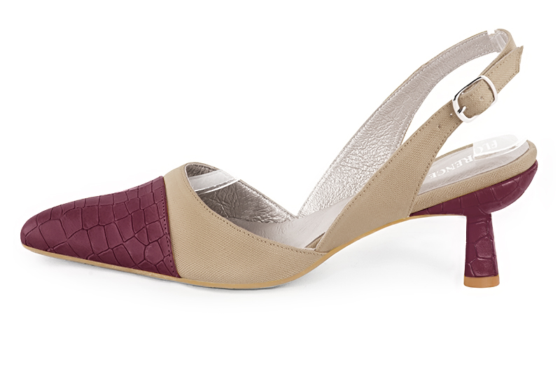 Chaussure femme à brides :  couleur rouge bordeaux et beige sahara. Bout effilé. Talon mi-haut bobine. Vue de profil - Florence KOOIJMAN