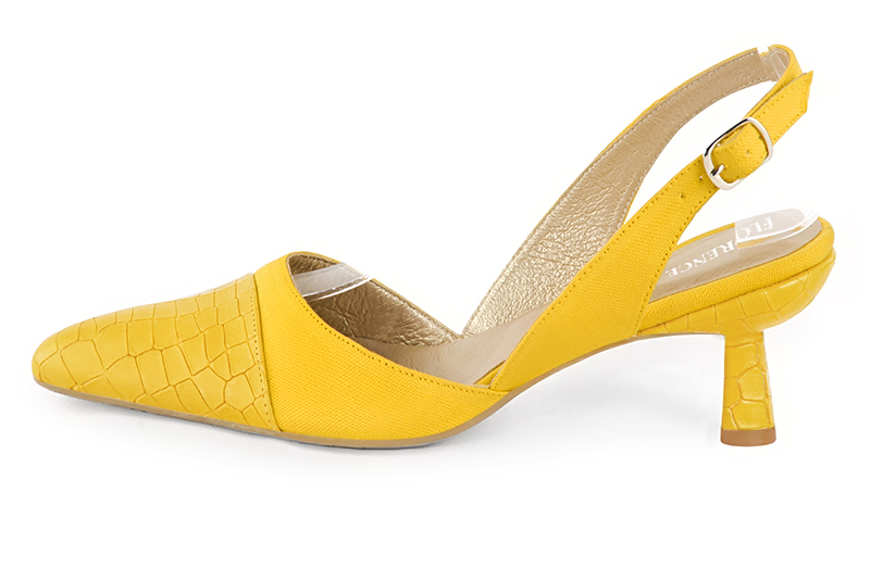 Chaussure femme à brides :  couleur jaune soleil. Bout effilé. Talon mi-haut bobine. Vue de profil - Florence KOOIJMAN