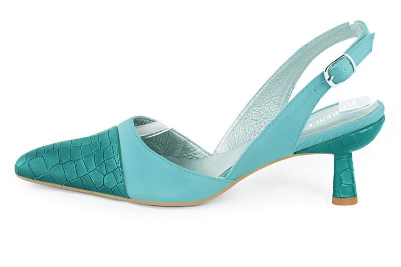 Chaussure femme à brides :  couleur bleu lagon. Bout effilé. Talon mi-haut bobine. Vue de profil - Florence KOOIJMAN