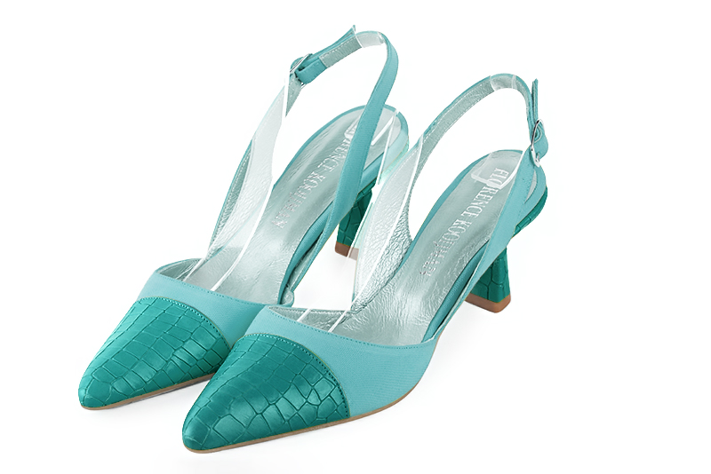 Chaussure femme à brides :  couleur bleu lagon. Bout effilé. Talon mi-haut bobine Vue avant - Florence KOOIJMAN