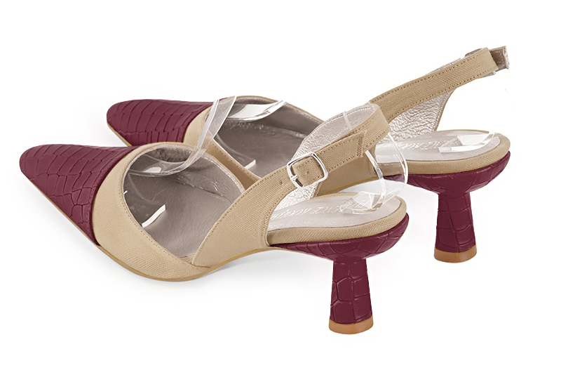 Chaussure femme à brides :  couleur rouge bordeaux et beige sahara. Bout effilé. Talon mi-haut bobine. Vue arrière - Florence KOOIJMAN