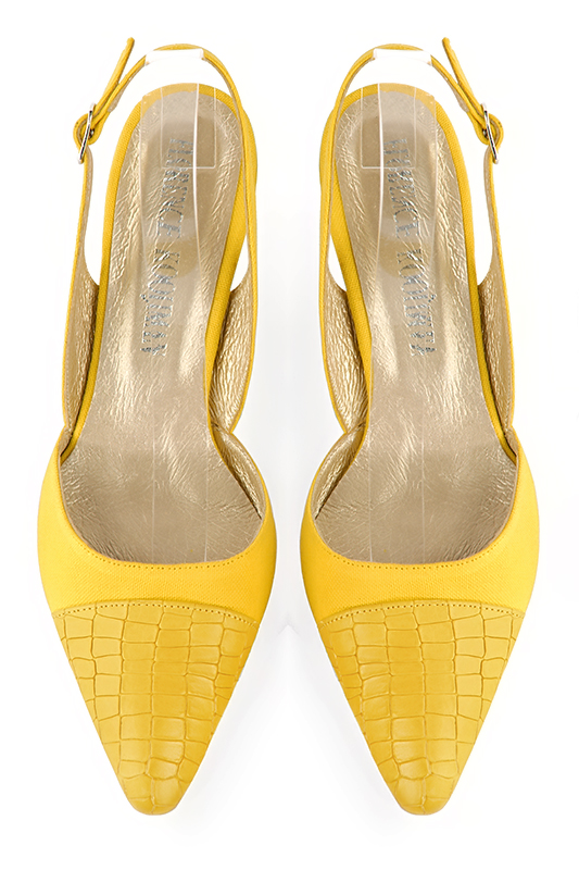 Chaussure femme à brides :  couleur jaune soleil. Bout effilé. Talon mi-haut bobine. Vue du dessus - Florence KOOIJMAN