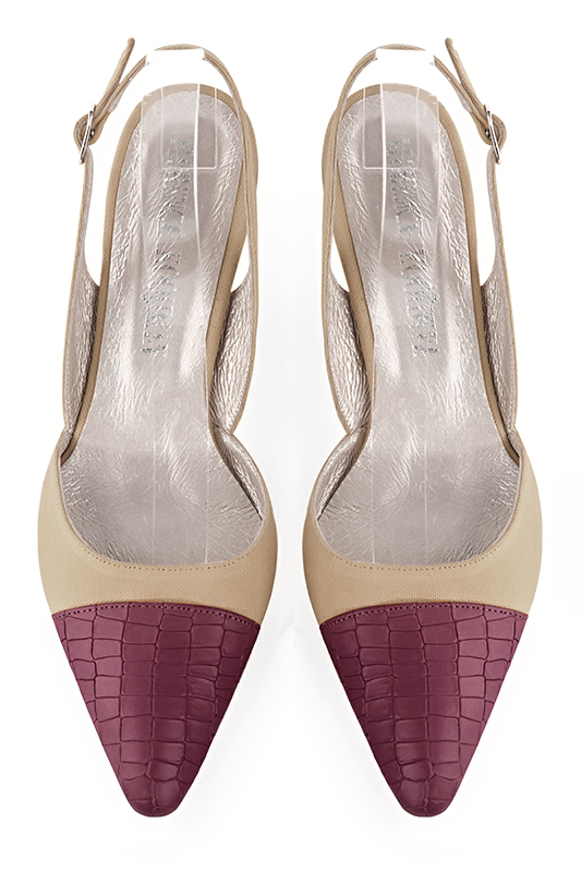Escarpins habillés, élégants et raffinés, avec une bride à l'arrière, coloris rouge bordeaux et beige sahara. Bout effilé. Mi-haut à haut. Talon bobine. Cérémonie, soirée, cocktail, évènementiel. Personnalisation : Choix des cuirs, 
                des couleurs et des talons. Petites et grandes pointures. - Florence KOOIJMAN