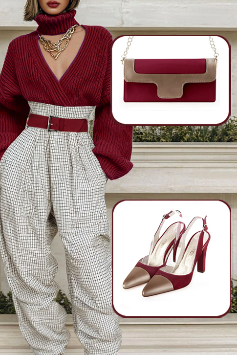 Escarpins habillés bride arrière cuir cuivre et rouge bordeaux à talon trotteur de 9.5 cm et bout effilé - Vue porté