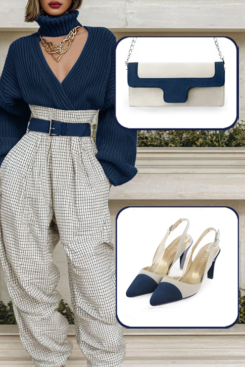Escarpins habillés bride arrière cuir bleu marine et blanc cassé à talon fin de 7.5 cm et bout effilé - Vue porté