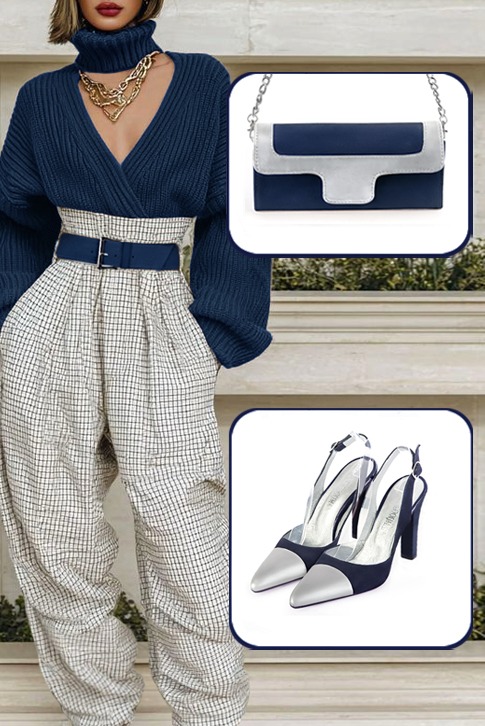 Escarpins habillés bride arrière cuir argent et bleu marine à talon trotteur de 9.5 cm et bout effilé - Vue porté