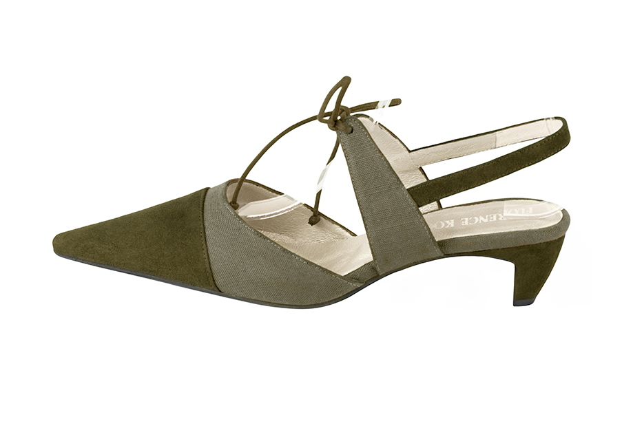 Chaussure femme à brides : Chaussure arrière ouvert avec une bride sur le cou-de-pied couleur vert kaki. Bout pointu. Petit talon virgule. Vue de profil - Florence KOOIJMAN