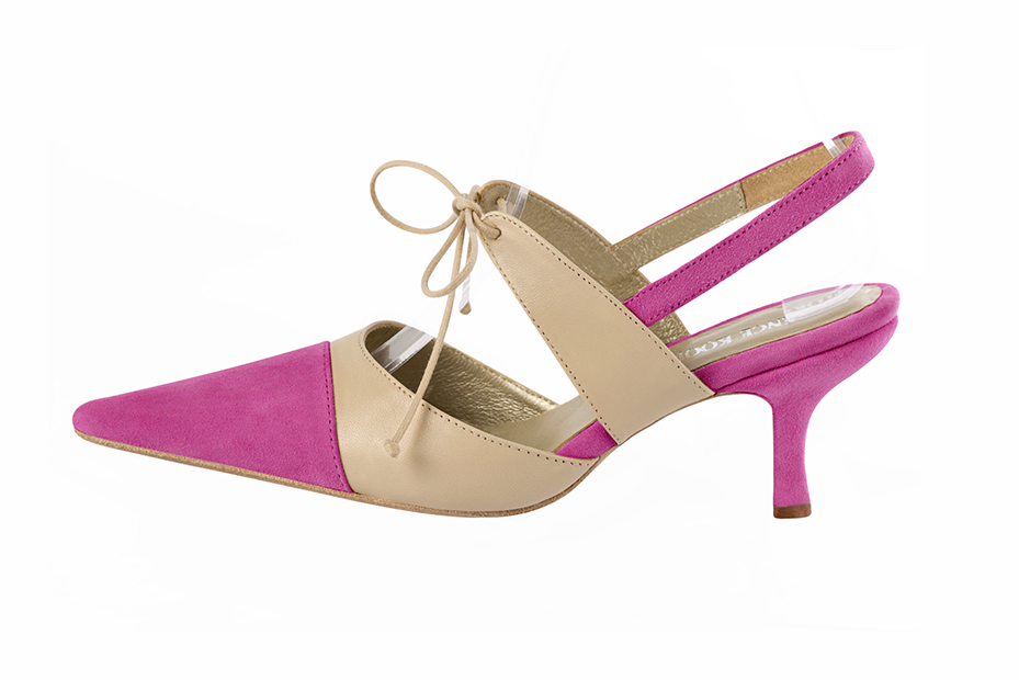 Chaussure femme à brides : Chaussure arrière ouvert avec une bride sur le cou-de-pied couleur rose pivoine et beige vanille. Bout pointu. Talon haut fin. Vue de profil - Florence KOOIJMAN
