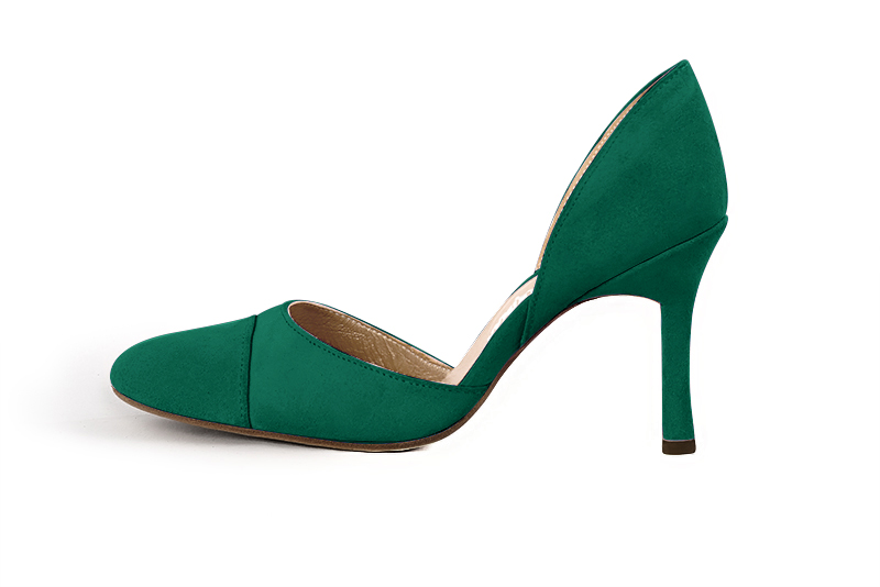 Escarpin : Escarpin cambrure ouverte couleur vert émeraude. Bout rond. Talon très haut fin. Vue de profil - Florence KOOIJMAN