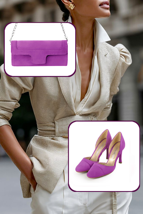 Escarpins habillés cambrure ouverte cuir violet mauve à talon fin de 9.5 cm et bout rond - Vue porté