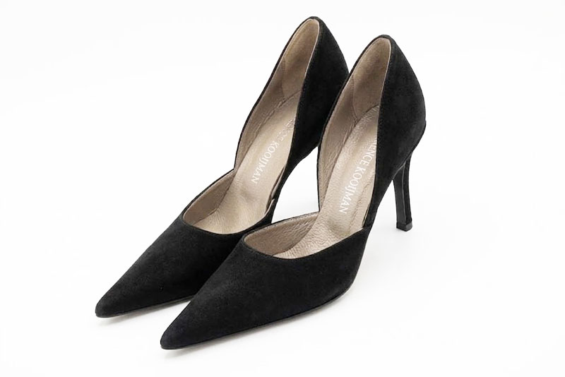 Escarpins habillés cambrure ouverte en cuir noir mat à talon fin de 9.5 cm et bout pointu - Vue avant
