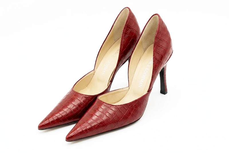 Escarpins habillés cambrure ouverte en cuir rouge coquelicot à talon fin de 9.5 cm et bout pointu - Vue avant