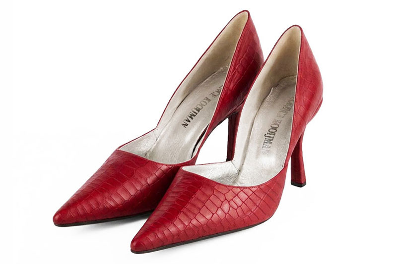 Escarpins habillés cambrure ouverte en cuir rouge coquelicot à talon fin de 9.5 cm et bout pointu - Vue avant