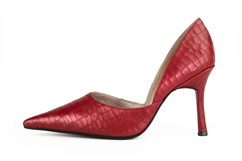 Escarpins habillés cambrure ouverte en cuir rouge coquelicot à talon fin de 9.5 cm et bout pointu - Vue de profil