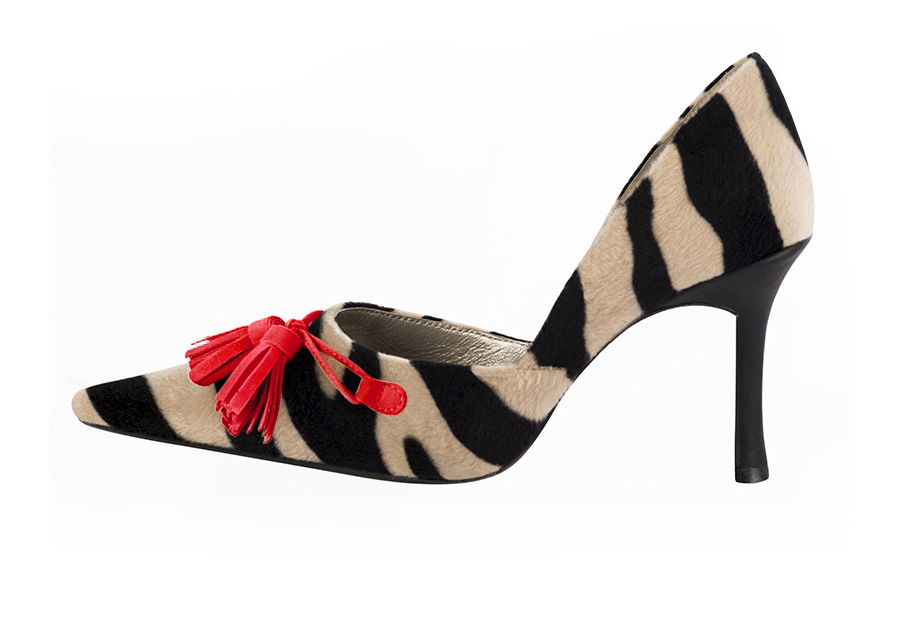 Escarpins habillés, élégants et raffinés, avec la cambrure ouverte, coloris noir et rouge coquelicot. Bout pointu. Très haut. Talon fin. Cérémonie, soirée, cocktail, évènementiel. Personnalisation : Choix des cuirs, 
                des couleurs et des talons. Petites et grandes pointures. - Florence KOOIJMAN