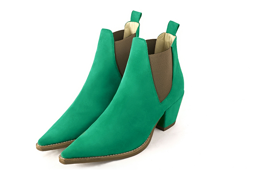 Boots femme : Boots élastiques sur les côtés couleur vert émeraude et marron taupe. Bout pointu. Talon mi-haut conique Vue avant - Florence KOOIJMAN