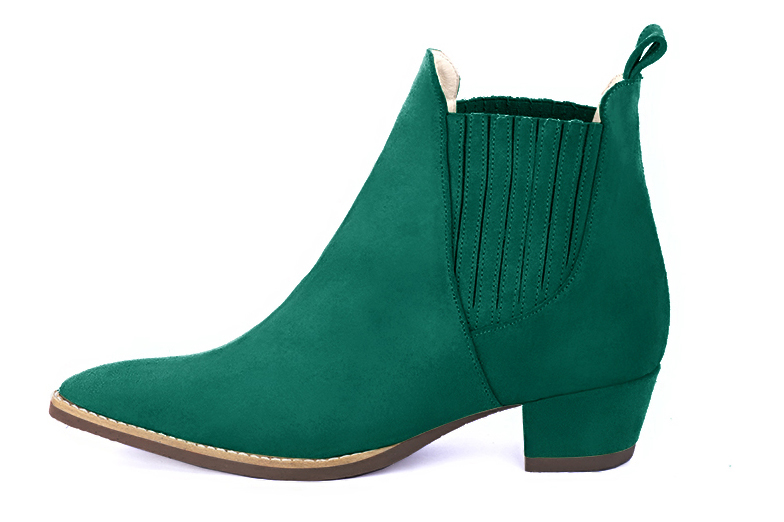 Boots femme : Boots élastiques sur les côtés couleur vert émeraude. Bout effilé. Petit talon conique. Vue de profil - Florence KOOIJMAN