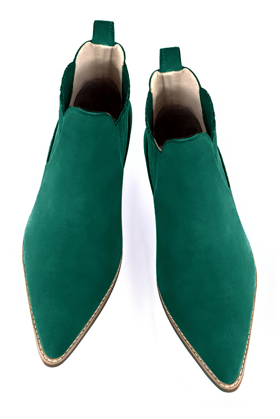 Boots femme : Boots élastiques sur les côtés couleur vert émeraude. Bout effilé. Petit talon conique. Vue du dessus - Florence KOOIJMAN