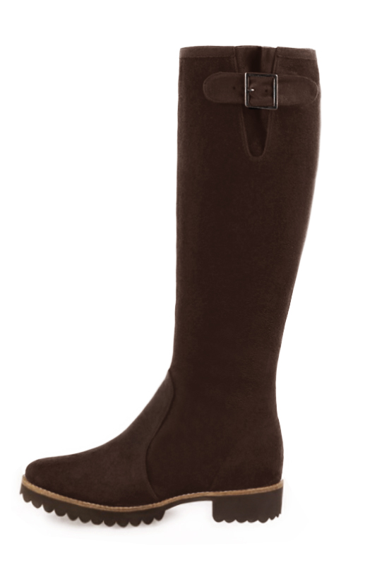 Bottes femme cavalières élégantes et raffinées, réalisées sur mesure, coloris marron ébène. Bout rond. Semelle gomme plat. Mollets fins ou larges. Personnalisation : Choix des cuirs, des couleurs et des talons. - Florence KOOIJMAN