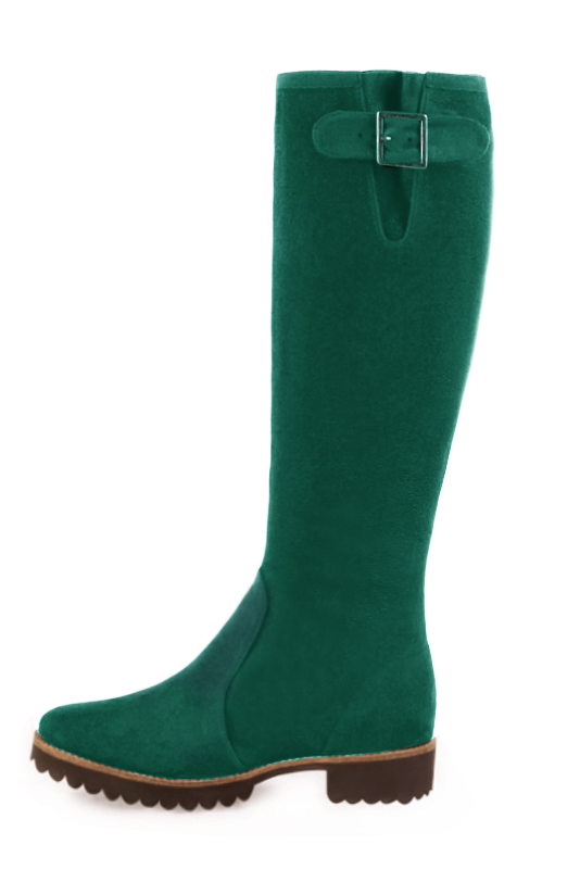 Bottes femme cavalières élégantes et raffinées, réalisées sur mesure, coloris vert émeraude. Bout rond. Semelle gomme plat. Mollets fins ou larges. Personnalisation : Choix des cuirs, des couleurs et des talons. - Florence KOOIJMAN