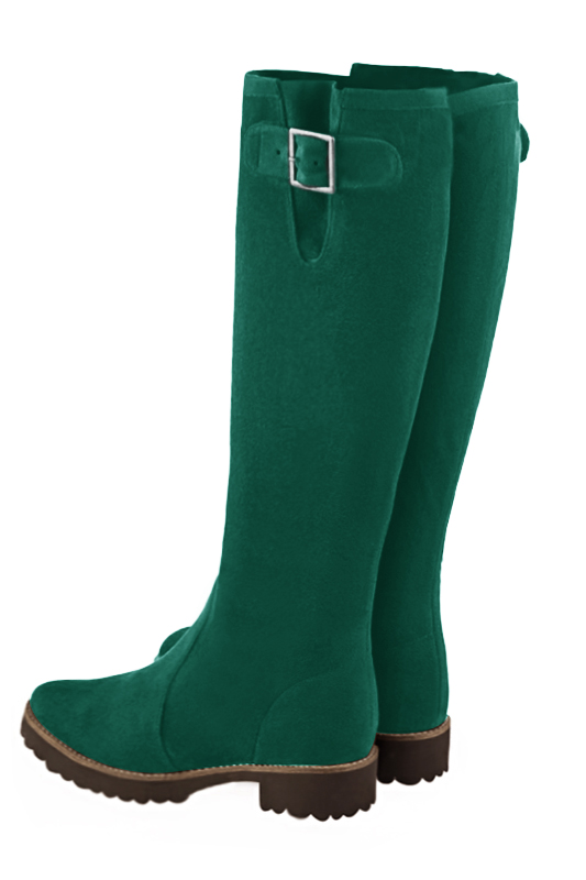 Botte femme : Bottes femme cavalières sur mesures couleur vert émeraude. Bout rond. Semelle gomme talon plat. Vue arrière - Florence KOOIJMAN