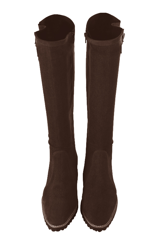 Botte femme : Bottes femme cavalières sur mesures couleur marron ébène. Bout rond. Semelle gomme talon plat. Vue du dessus - Florence KOOIJMAN